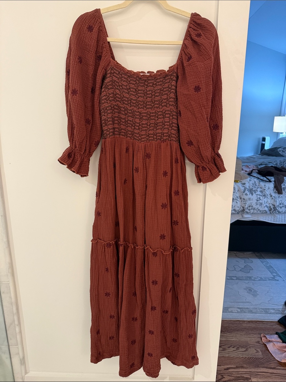 Free People Inspired Smocked Tiered Maxi Dress in Rust Brown Size Small